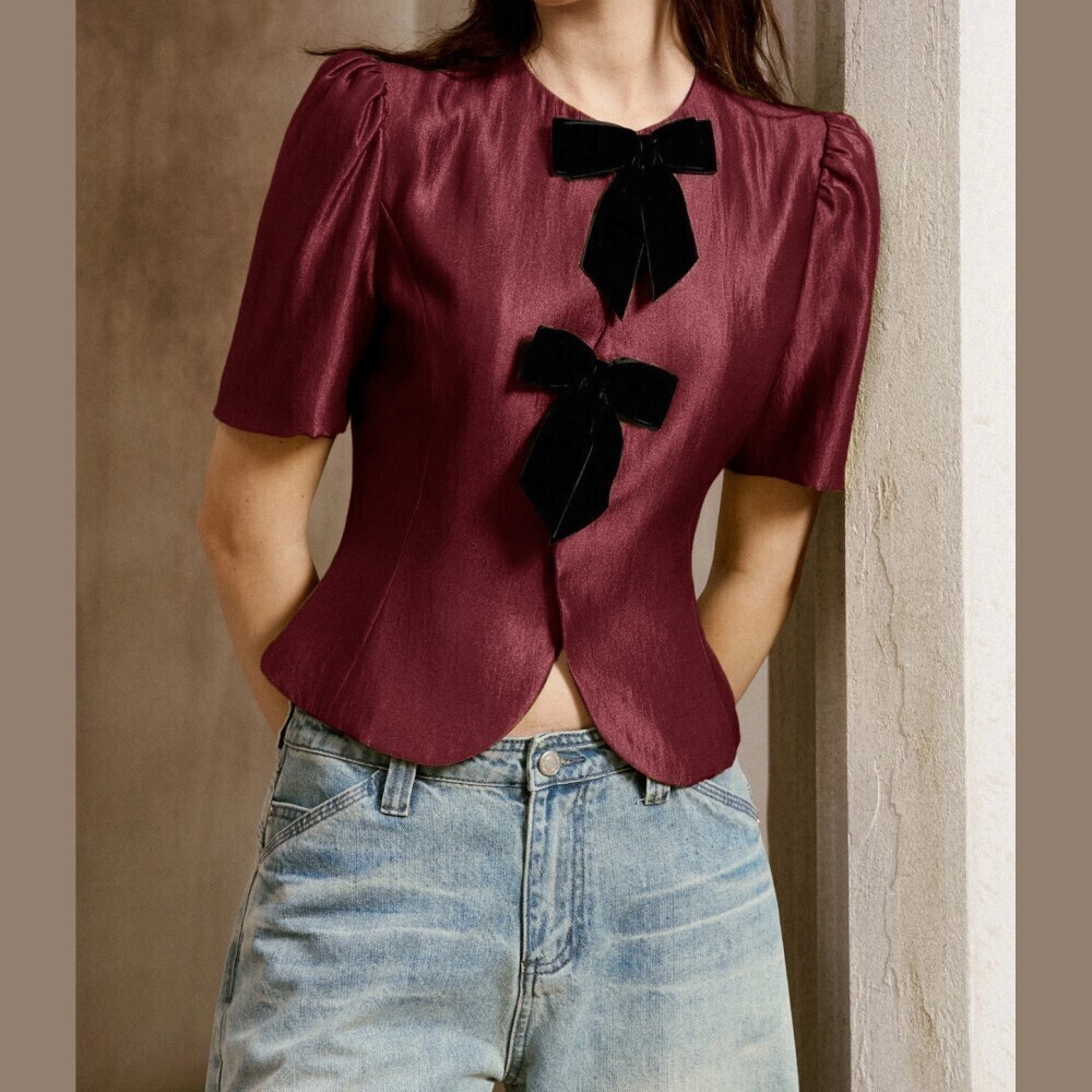 Burgundy Satin Black Velvet Bow Puff Sleeve Scalloped Hem Blouse Top